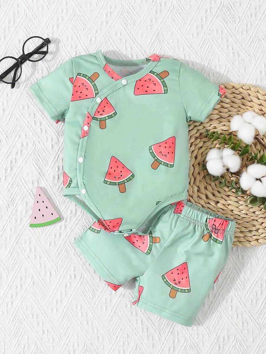SHEIN Baby Boys' 2pcs Casual Watermelon Print Short Sleeve Bodysuit With Shorts Set, Home Clothes