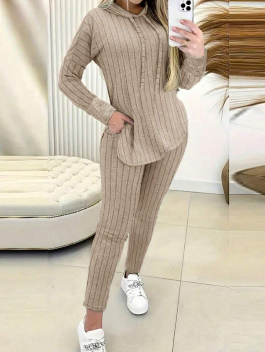 INAWLY Ladies" Spring/Summer Long Sleeve Hooded Kangaroo Pocket Top And Slim-Fit Pants With Pockets Casual Suit