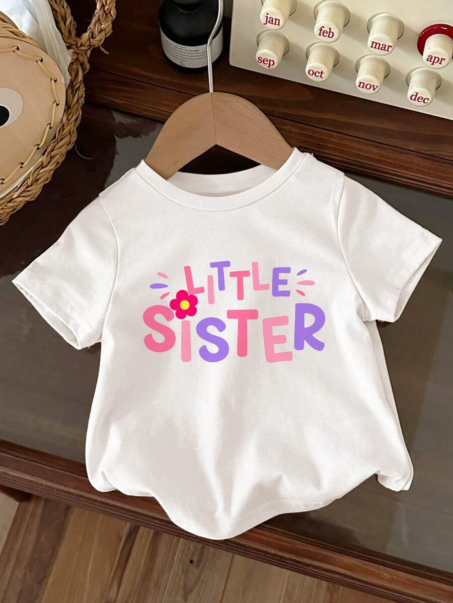 SHEIN Little Sister, Baby Girl Leisure Simple Style Short Sleeve Round Neck Top With Letter Pattern, Suitable For Summer