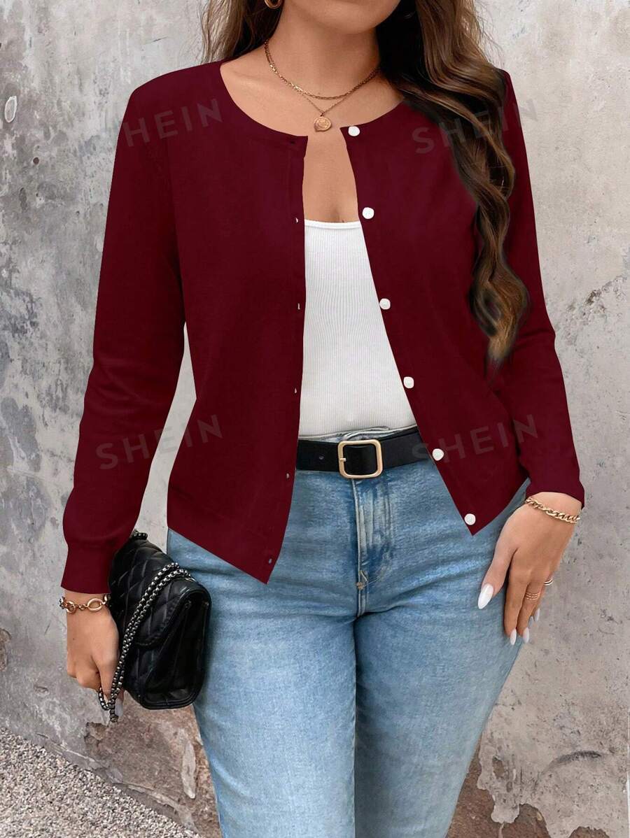 SHEIN LUNE Chaqueta de punto larga de manga larga con botones de unicolor para mujer talla grande, para ropa de Año Nuevo en invierno