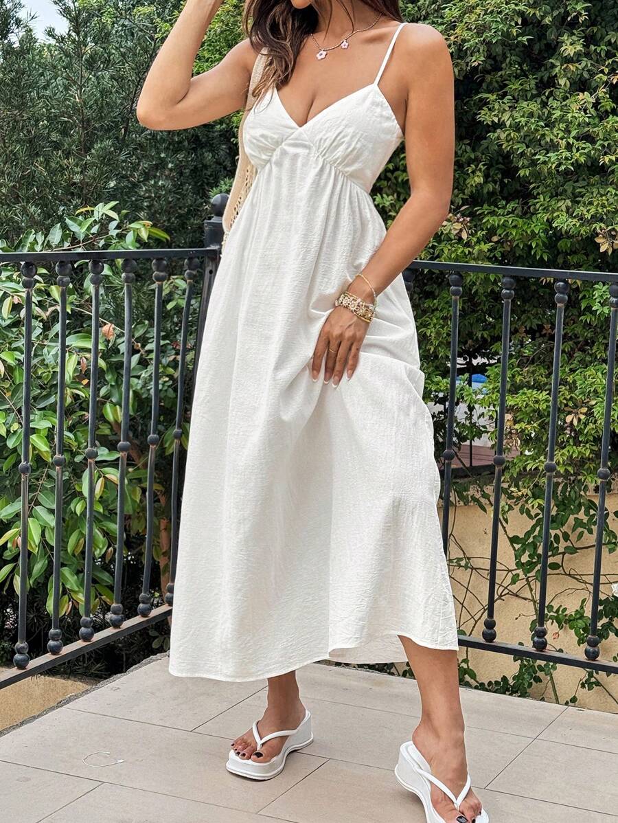 SHEIN EZwear Summer Casual Vacation V-Neck Spaghetti Strap Swing Dress