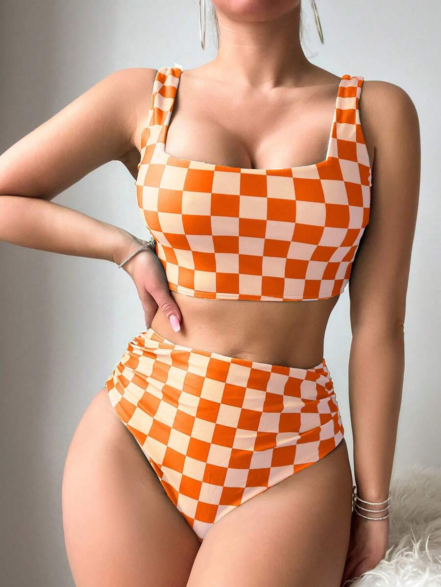 SHEIN Swim Women Checkered Print Square Neck Underwire Bikini Set For Summer Beach