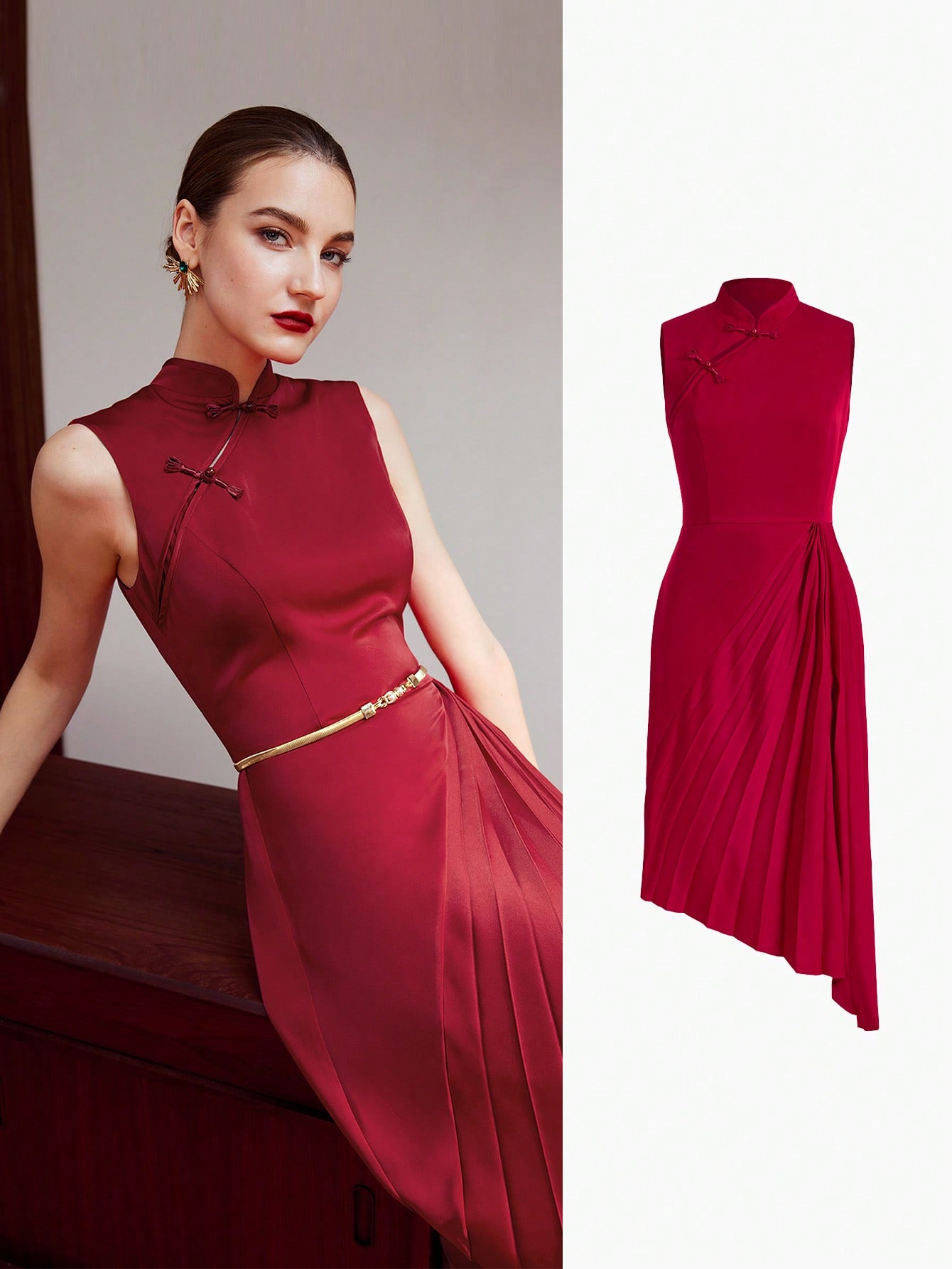 【SaturdayClub】Mandarin Collar Halter Neck Pleated Dress Mandarin Collar Halter Neck Pleated Dress – SaturdayClub