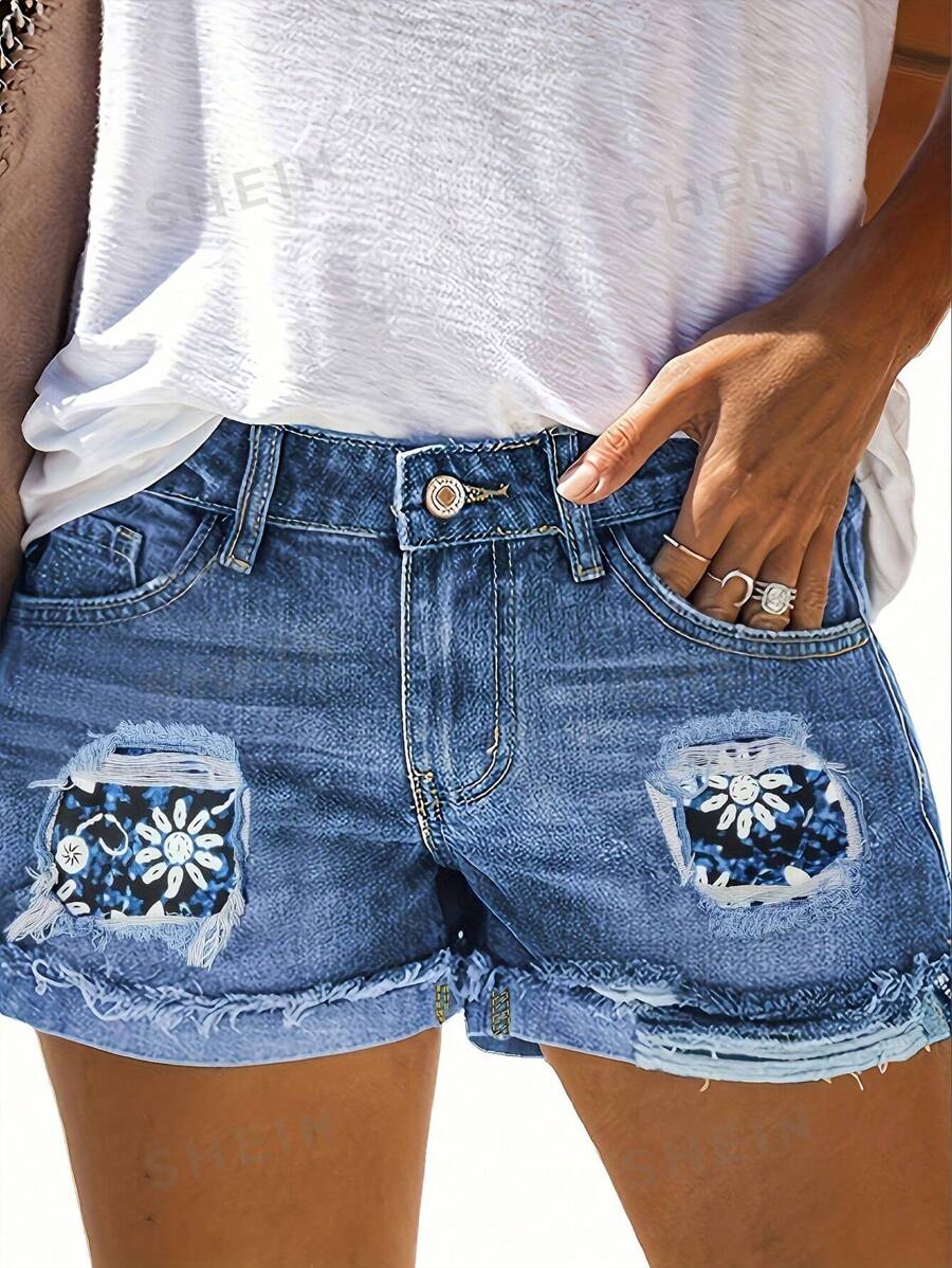 Shorts de mezclilla casuales para mujeres con dobladillo enrollado y estampado floral y bolsillos