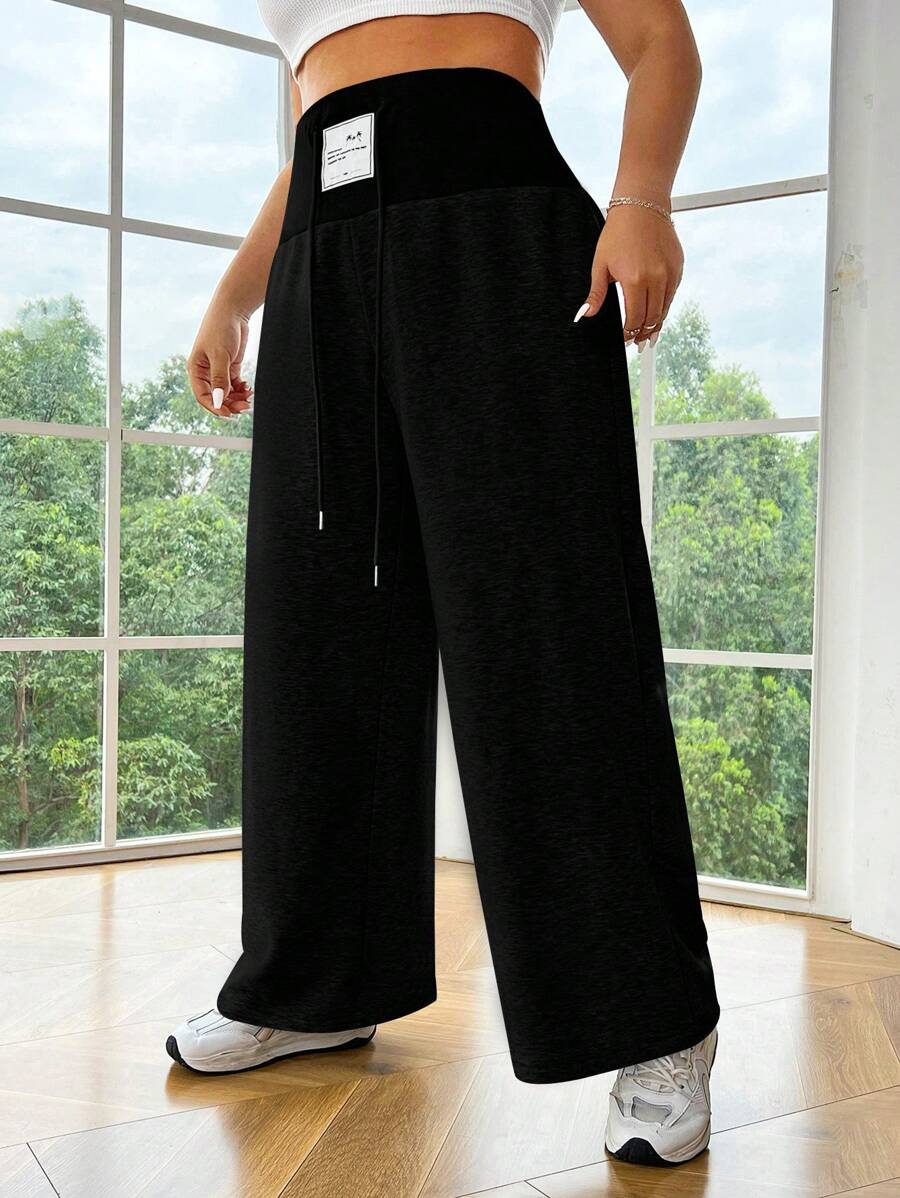SHEIN EZwear Black Knitted Ladies Plus Size Loose Wide Leg Letter Patterned Casual Pants