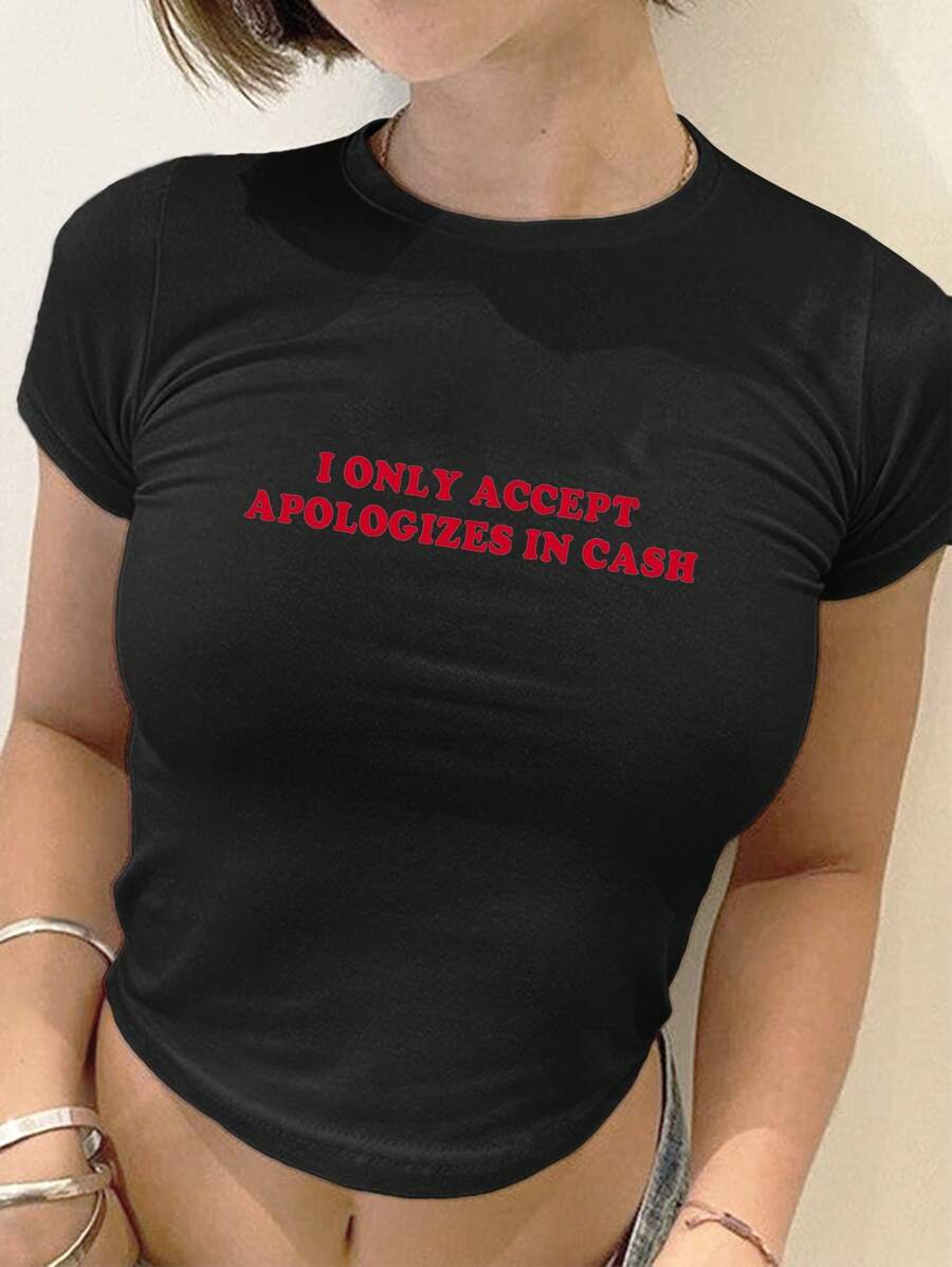 SHEIN EZwear Casual Minimalist English Slogan Print Short Sleeve Crop Tight Fit T-Shirt For Plus Size Women, Suitable For Summer