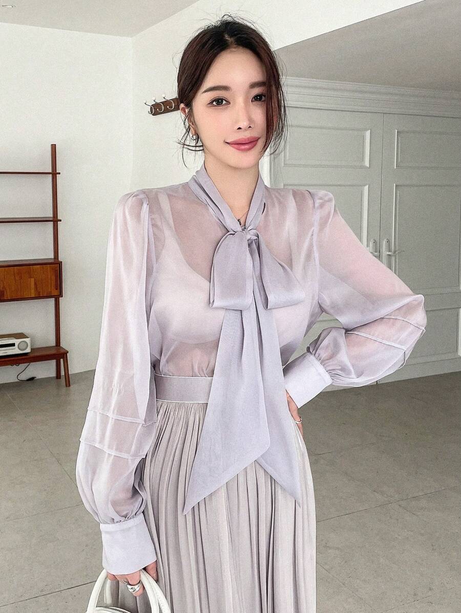 DAZY Solid Color Loose Long Sleeve Lady Shirt With Ribbon Tie Sheer