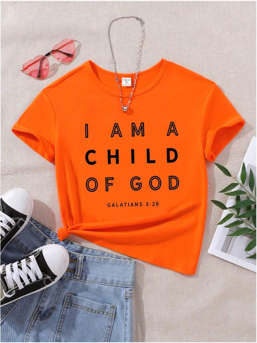 Young Girls' Casual Slogan Print Short Sleeve T-Shirt For Summer