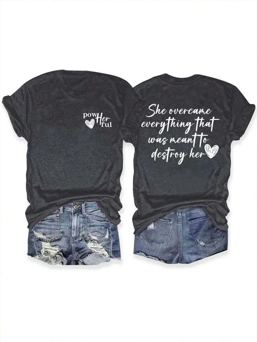INAWLY Women Summer Casual Love Slogan Print Short Sleeve T-Shirt She Overcame Everything That Was Meant To Destroy Her Graphic Tees Women Tops