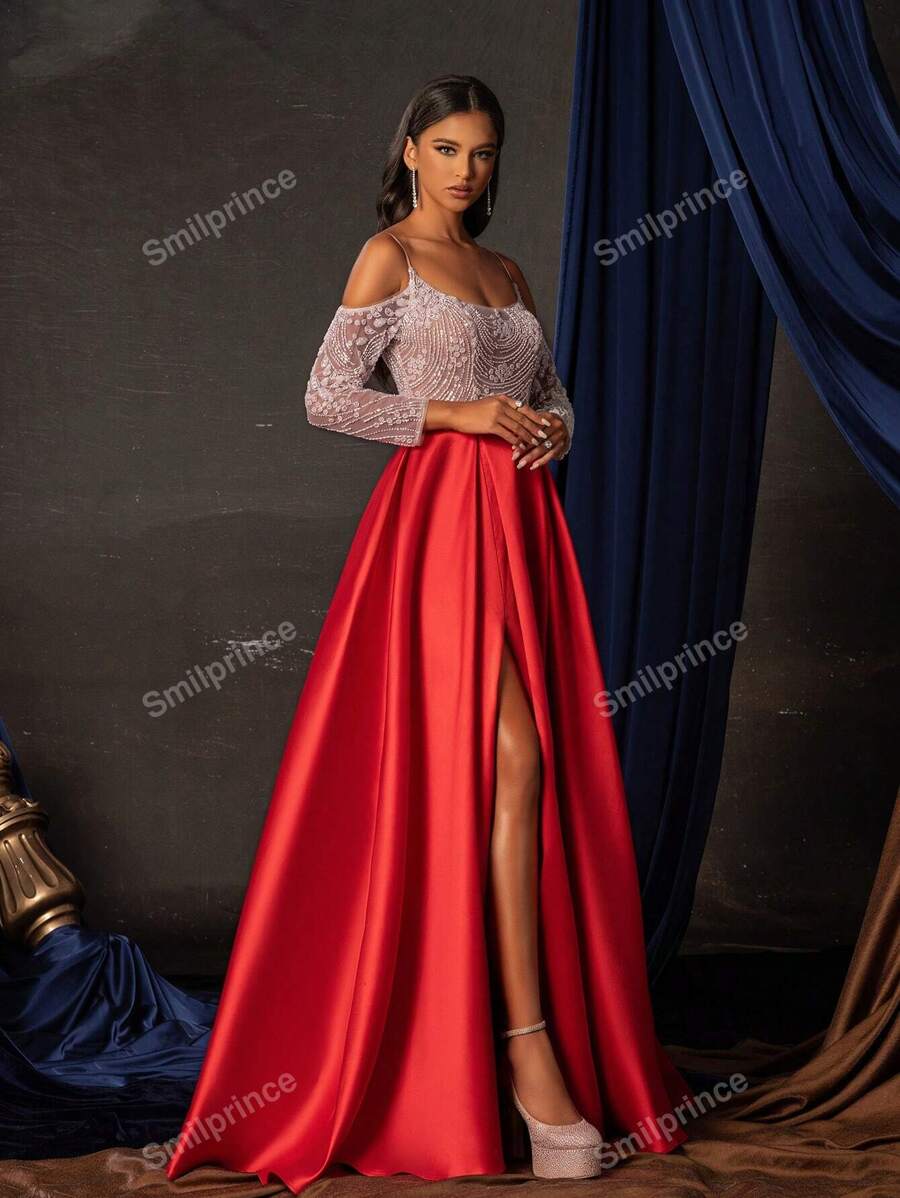 Women's Color Block Off Shoulder Long Sleeve Beaded Decor Long Elegant Evening Dress, Formal
