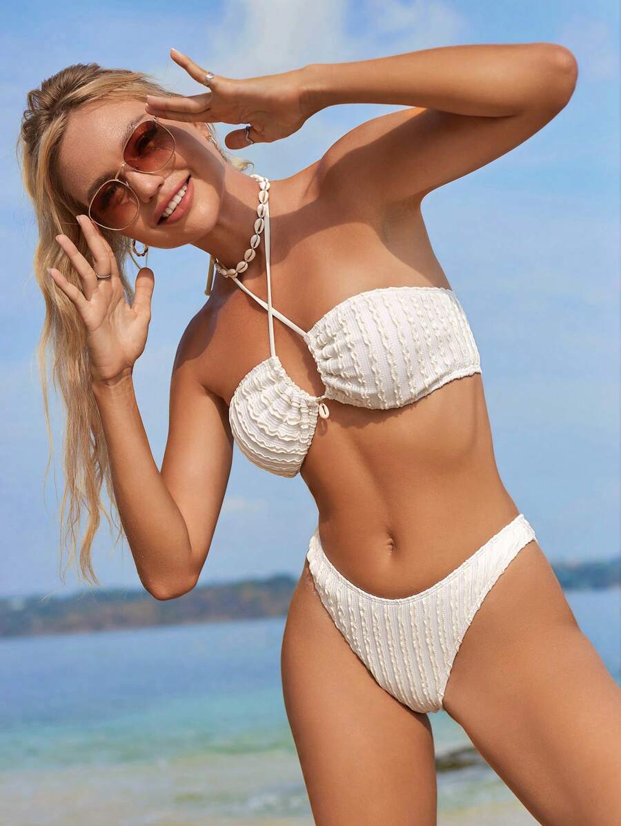 SHEIN Swim 3 pièces/set Top licou de couleur unie pour femme, short de bain, ensemble bikini avec jupe cache-maillot en tissu spécial pour plage d'été