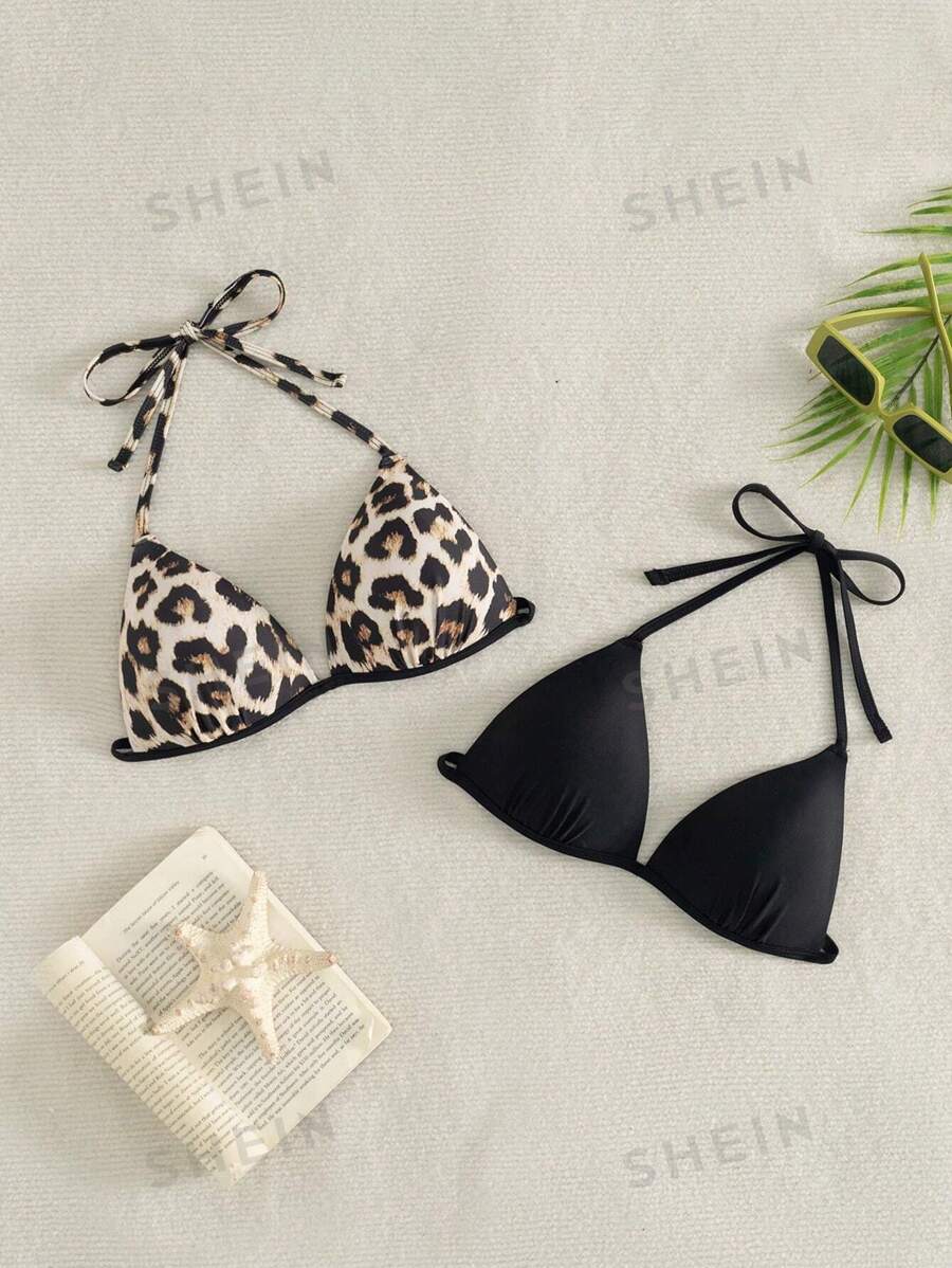 SHEIN Swim 2 piezas Top de bikini de unicolor y estampado de leopardo, conjunto de bikini de vacaciones de playa, bikini triángulo estampado de leopardo de verano