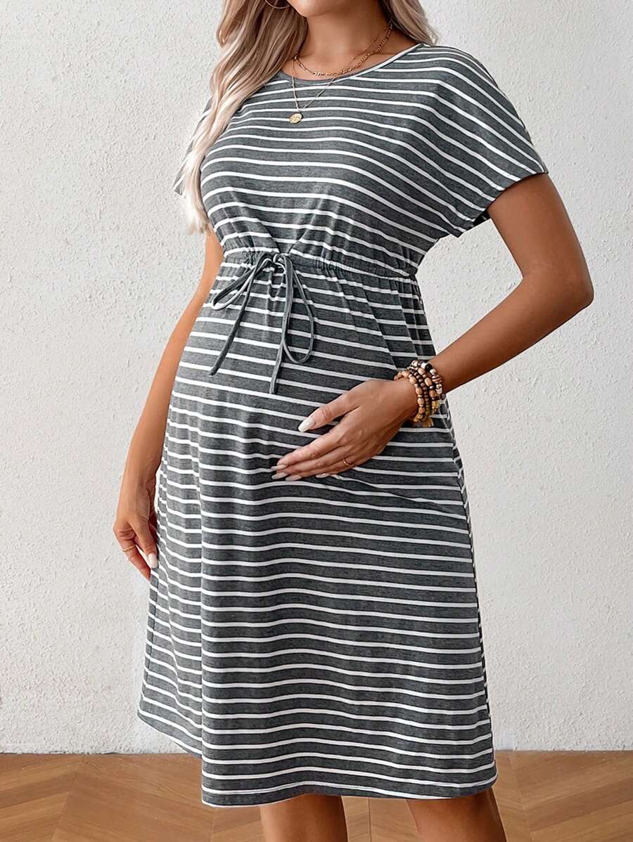 SHEIN Summer Fashionable Loose Striped Maternity Dress