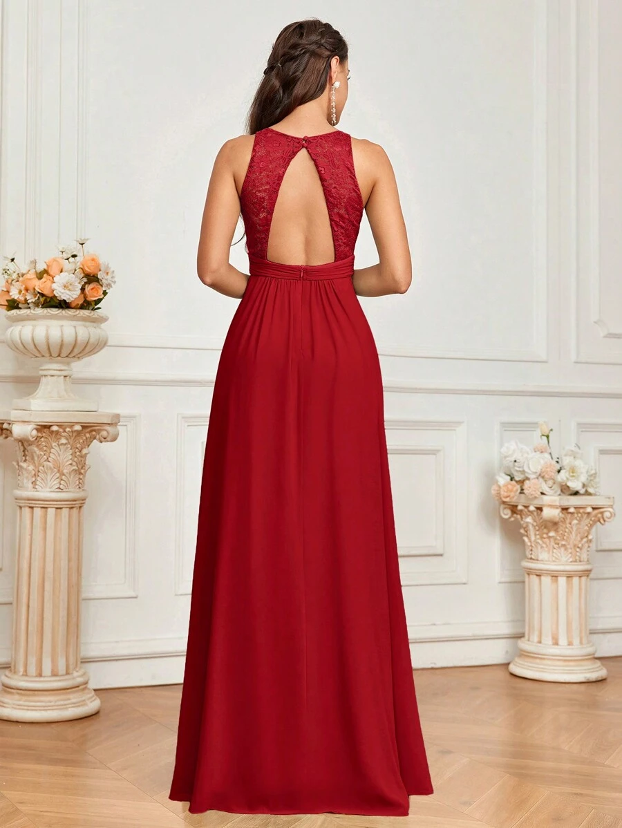 SHEIN Belle Women Fashionable Lace Spliced A-Line Dress With Side Slit, Perfect For Bridesmaid (Adult)