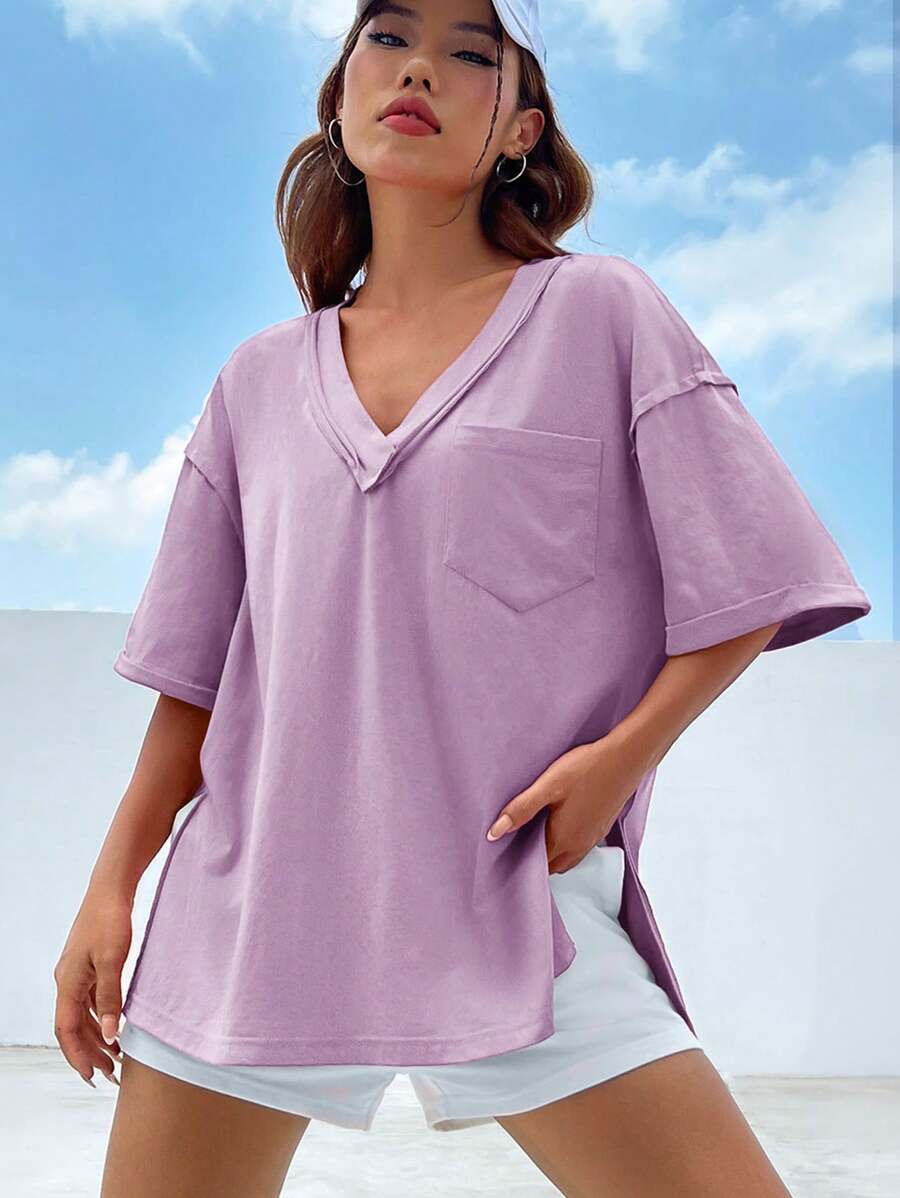 SHEIN EZwear Casual Loose Knit Women V-Neck T-Shirt
