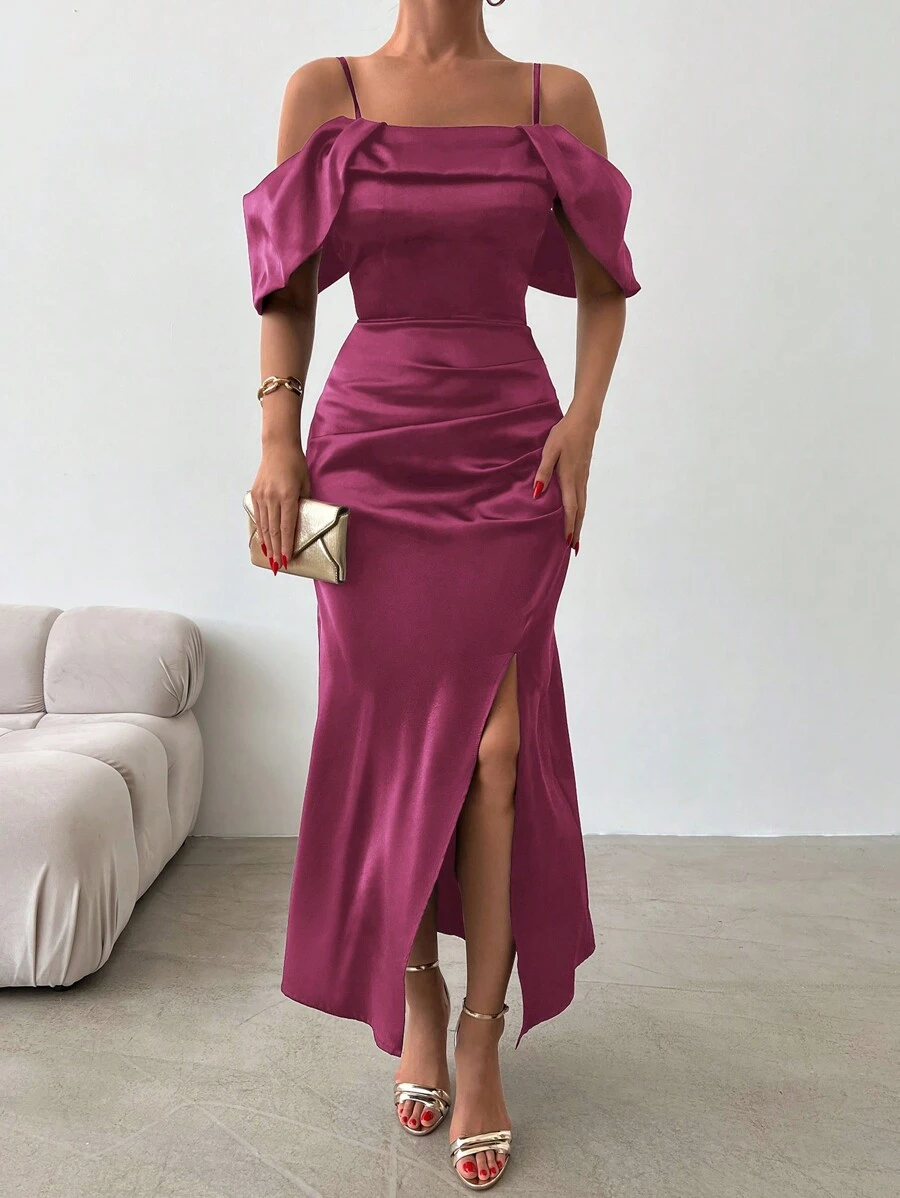 Robe Fendue Satinée Épaule Dénudée Pour Femme