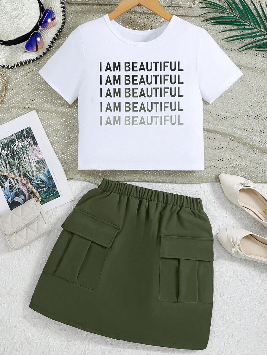 SHEIN Tween Girl Letter Pattern T-Shirt And Solid Color Cargo Shorts Set