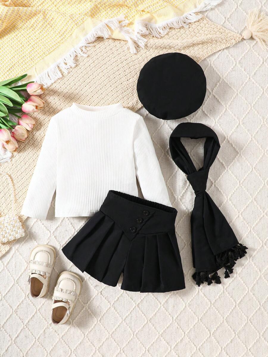 Babymeisjesset Zwarte gebreide trui met lange mouwen + korte broek + muts + sjaal 4 stuks