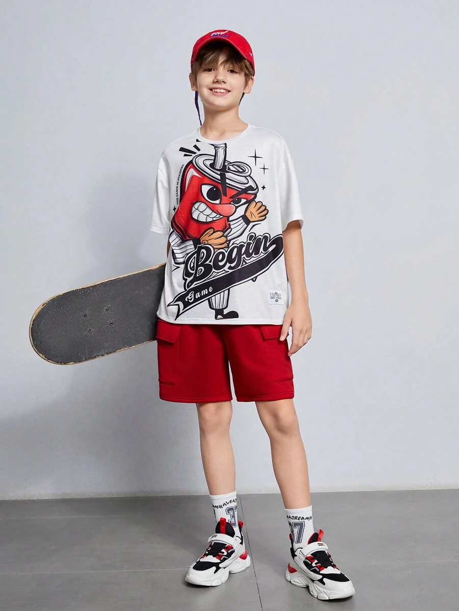 Tween Boy Two Pieces Set Of Loose Fit Cartoon Character Patterned Short-Sleeved Shirt And Shorts