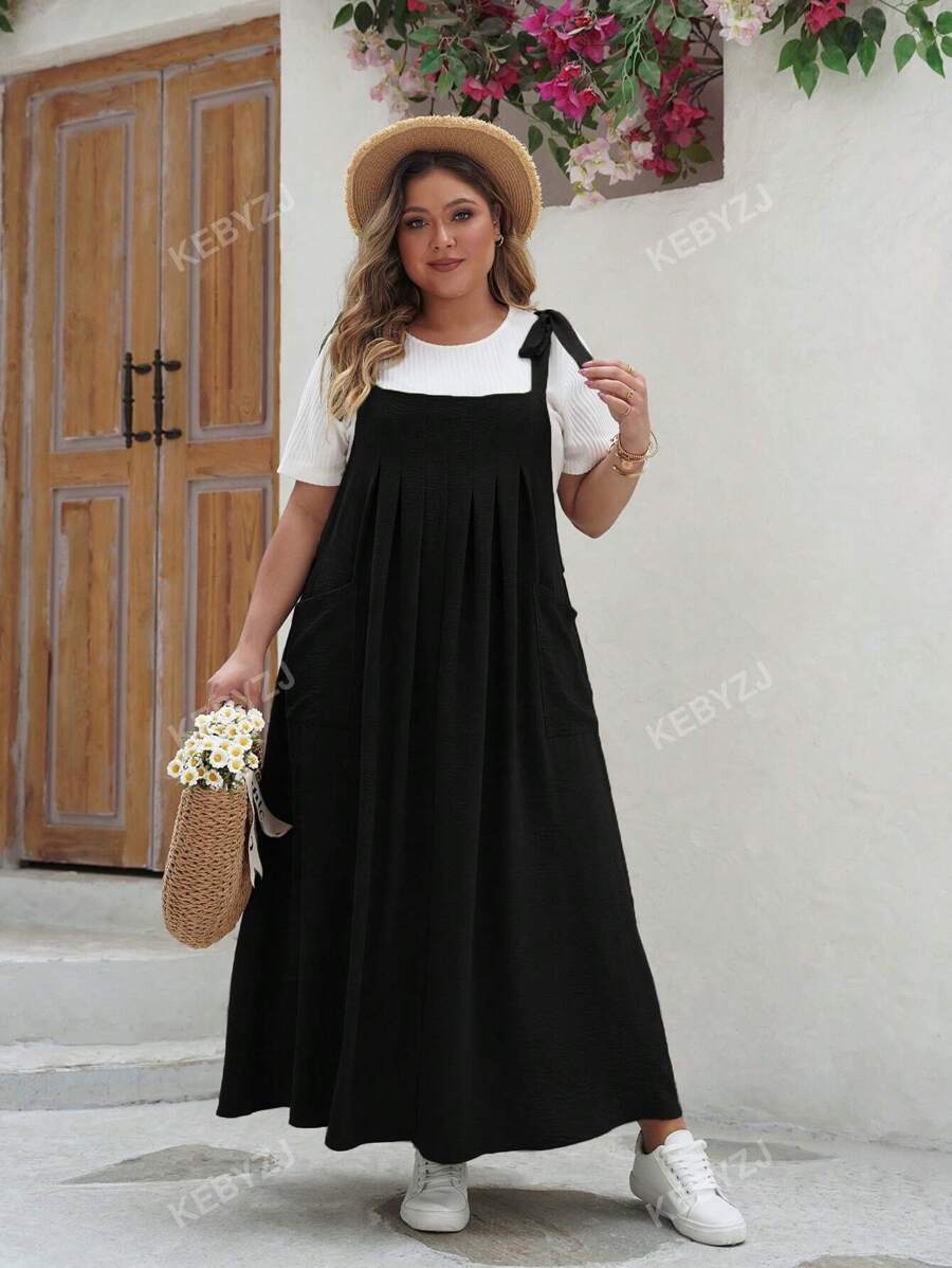 Plus Size Casual Solid Color Pleated Maxi Slip Dress