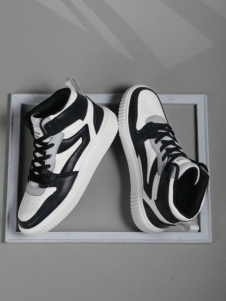 Buty męskie Color Block Letter Patch Decor Oddychające, sznurowane trampki z wysokim stanem, sportowe buty do skateboardingu na świeżym powietrzu