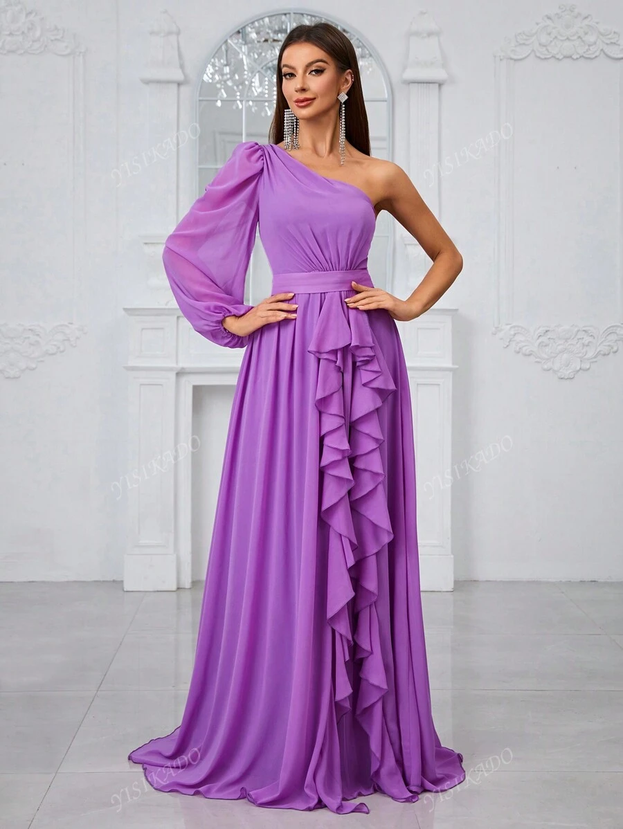 YISIKADO Women'S One Shoulder Lantern Sleeve Ruffle Trim Decor Bridesmaid Dress