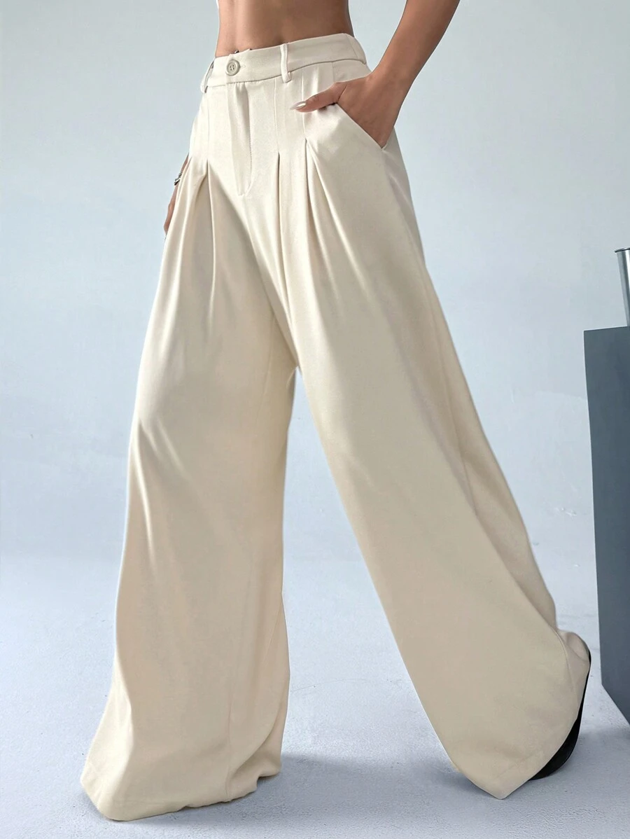 SHEIN EZwear Pantalon large pour femme de couleur unie avec poches et bande en ceinture ajustable