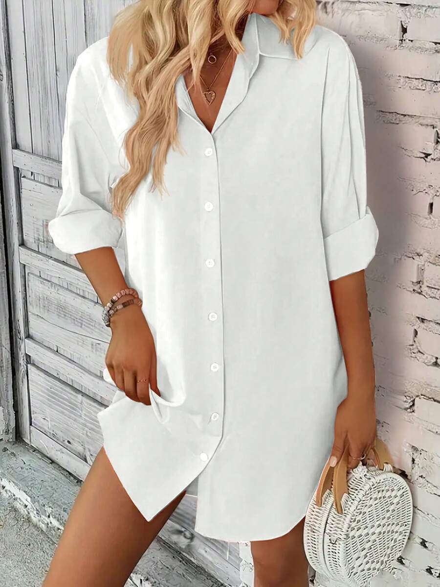INAWLY Women Solid Color Simple Style Button-Up Daily Shirt
