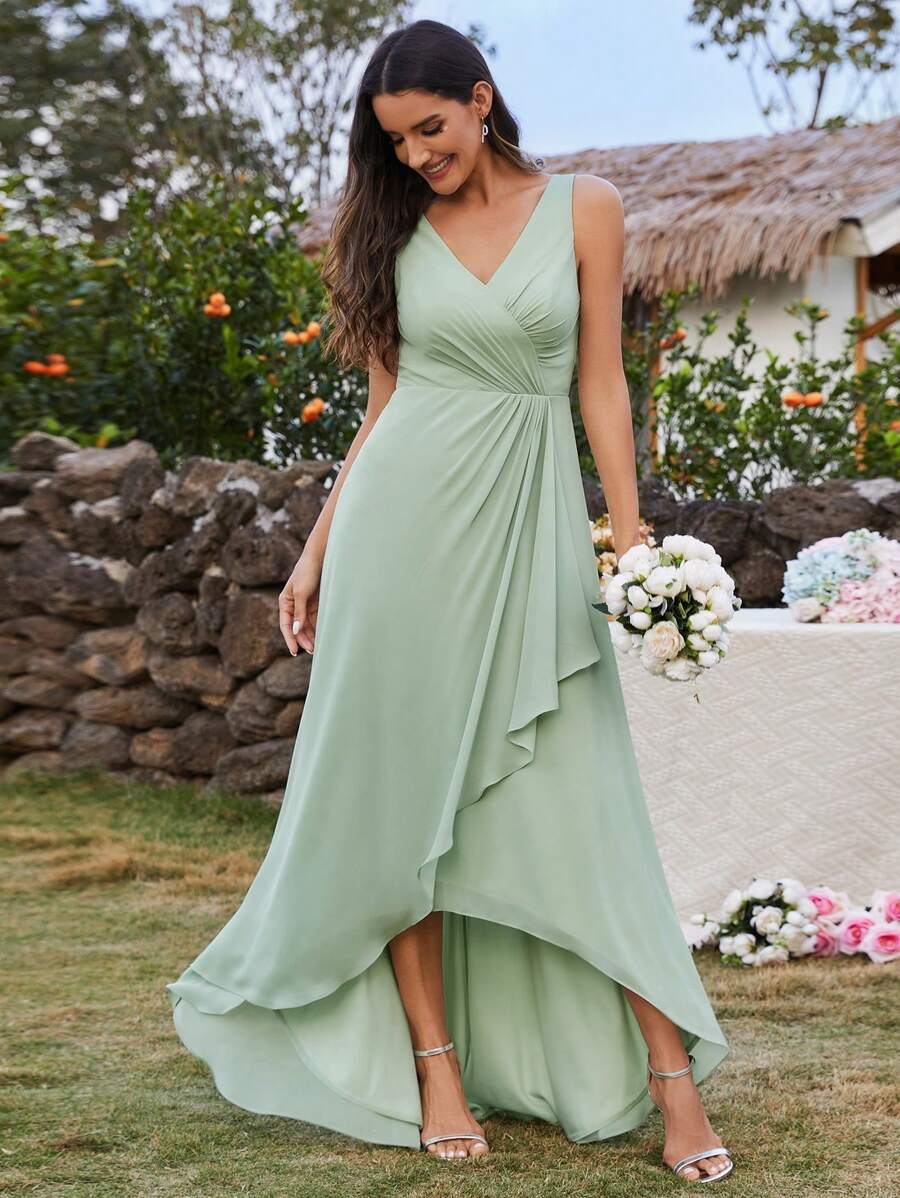EVER-PRETTY Mouwloze asymmetrische geplooide chiffon formele jurk met korte voorkant en lange achterkant