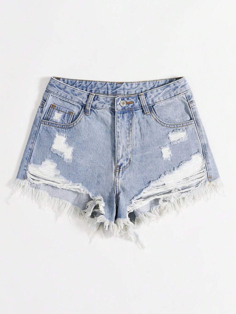 SHEIN EZwear Shorts en denim déchiré à l"ourlet à franges pour femmes pour les saisons de printemps et d'été.
