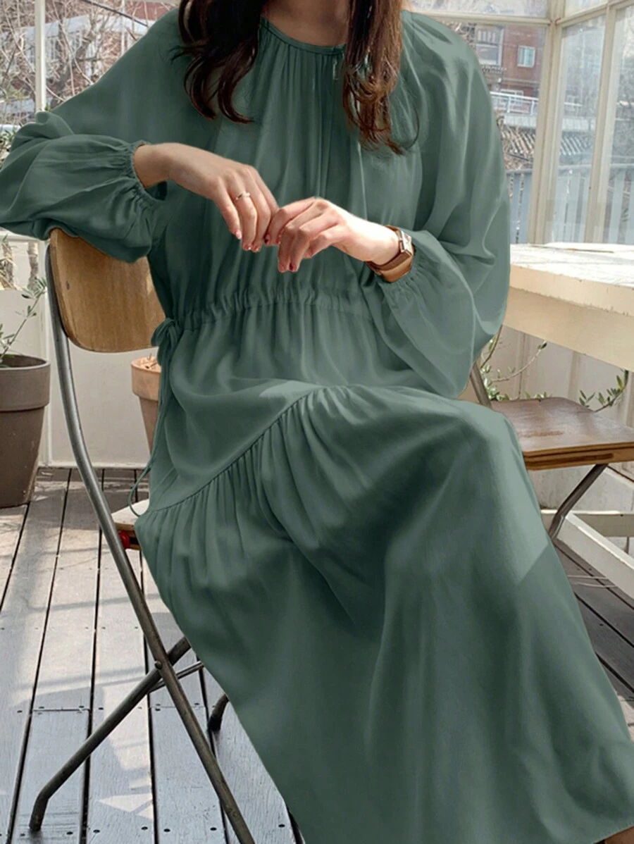 DAZY Women Round Neck Solid Color Loose Mid-Length Dress,Ruffle,Fall Women Clothes