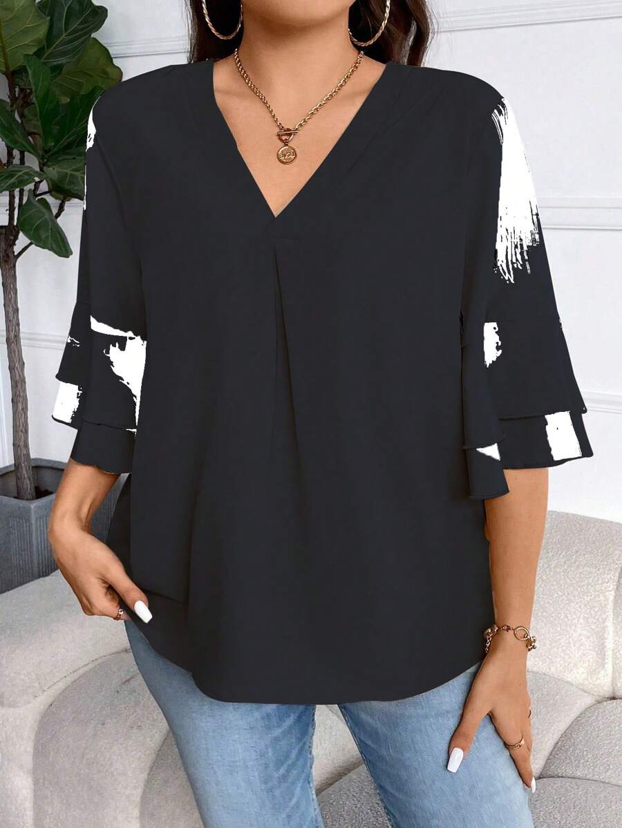 Celure Plus Size Contrast Color V-Neck Summer Fashion Leisure Simple All-Match Shirt