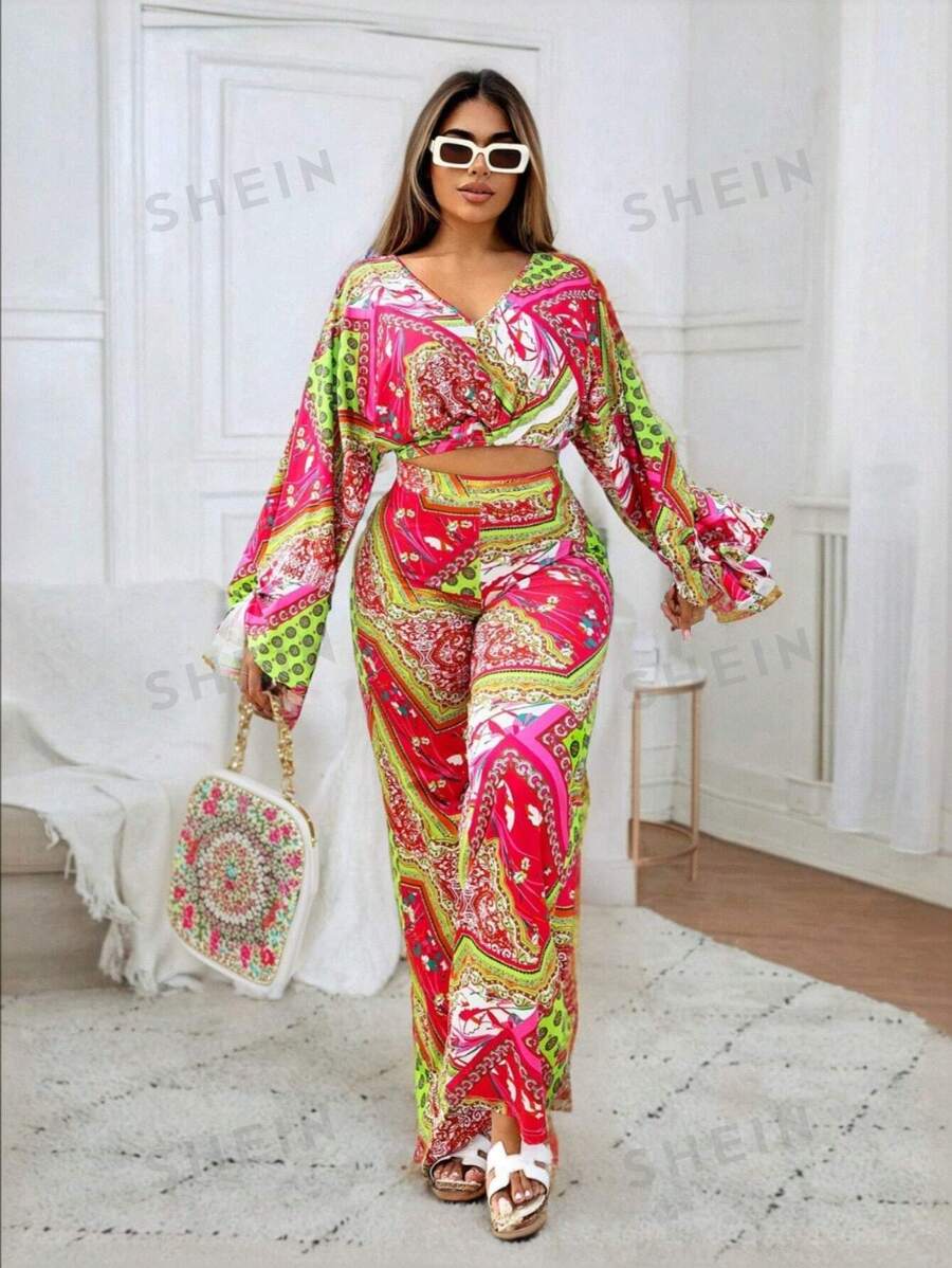 VaVaBold Conjunto de camisa de manga larga Vintage Floral de cuello en V y pantalones largos para mujer, verano