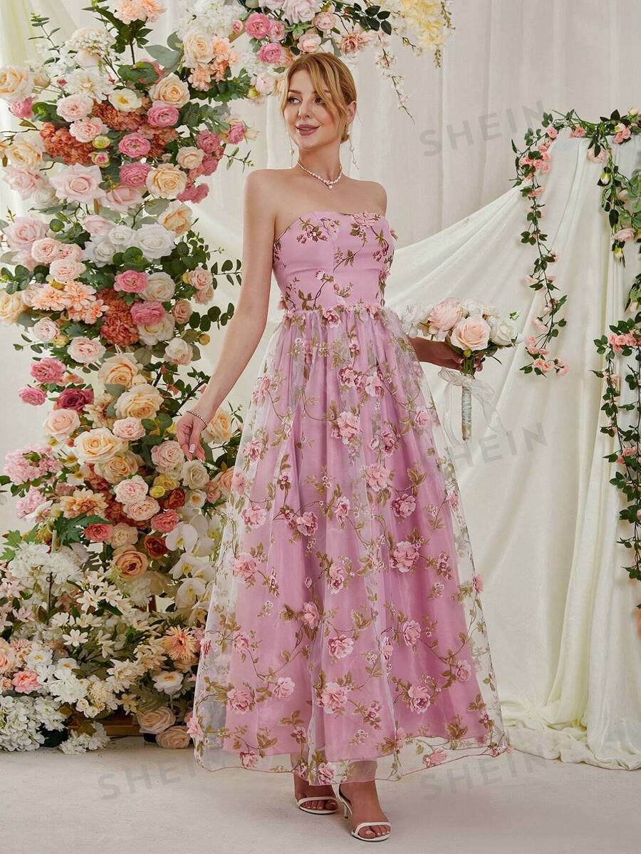 Vestido de mujer sin tirantes con estampado floral de malla rosa, para looks a juego de verano mamá e hija (se venden por separado los 3 artículos)