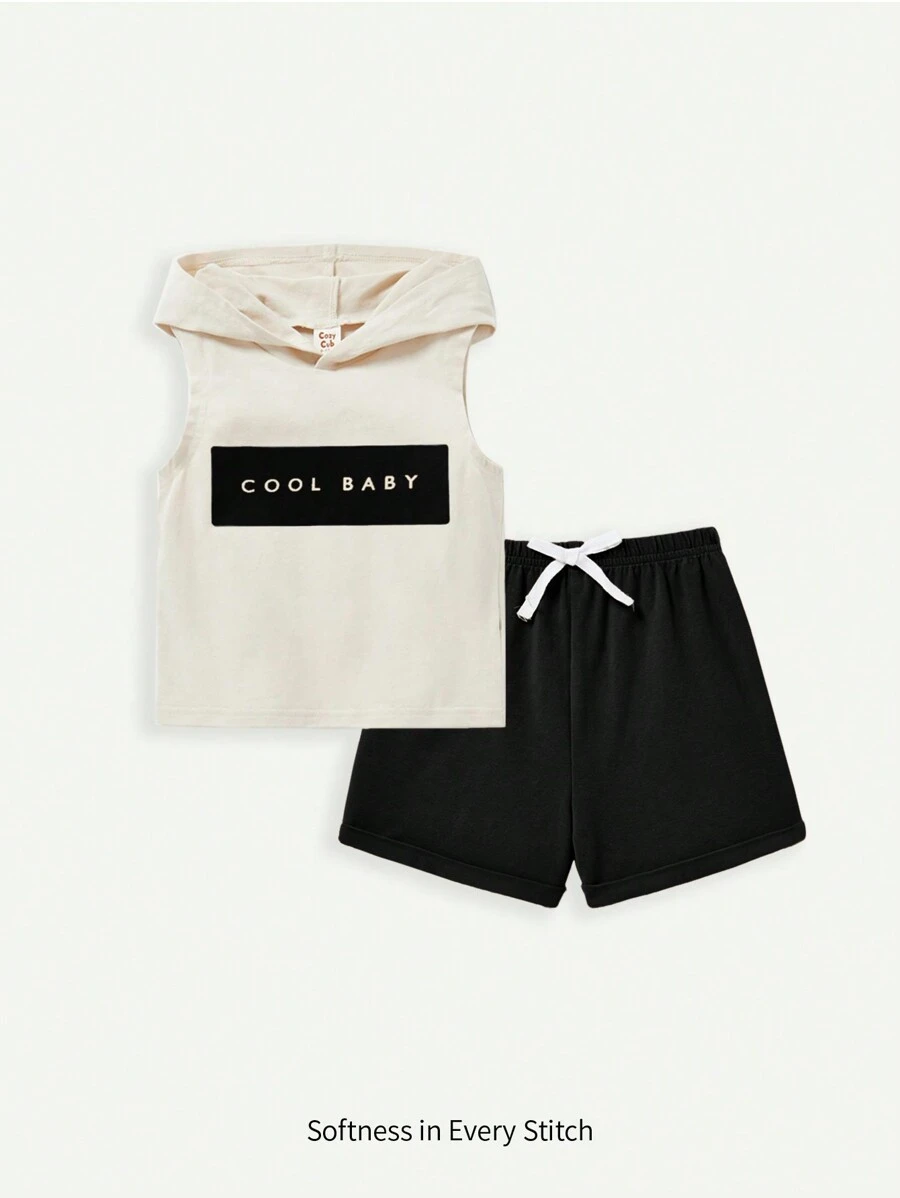 Cozy Pixies Baby Boy Letter Printed Hooded Sleeveless Pullover Top And Solid Color Shorts Set