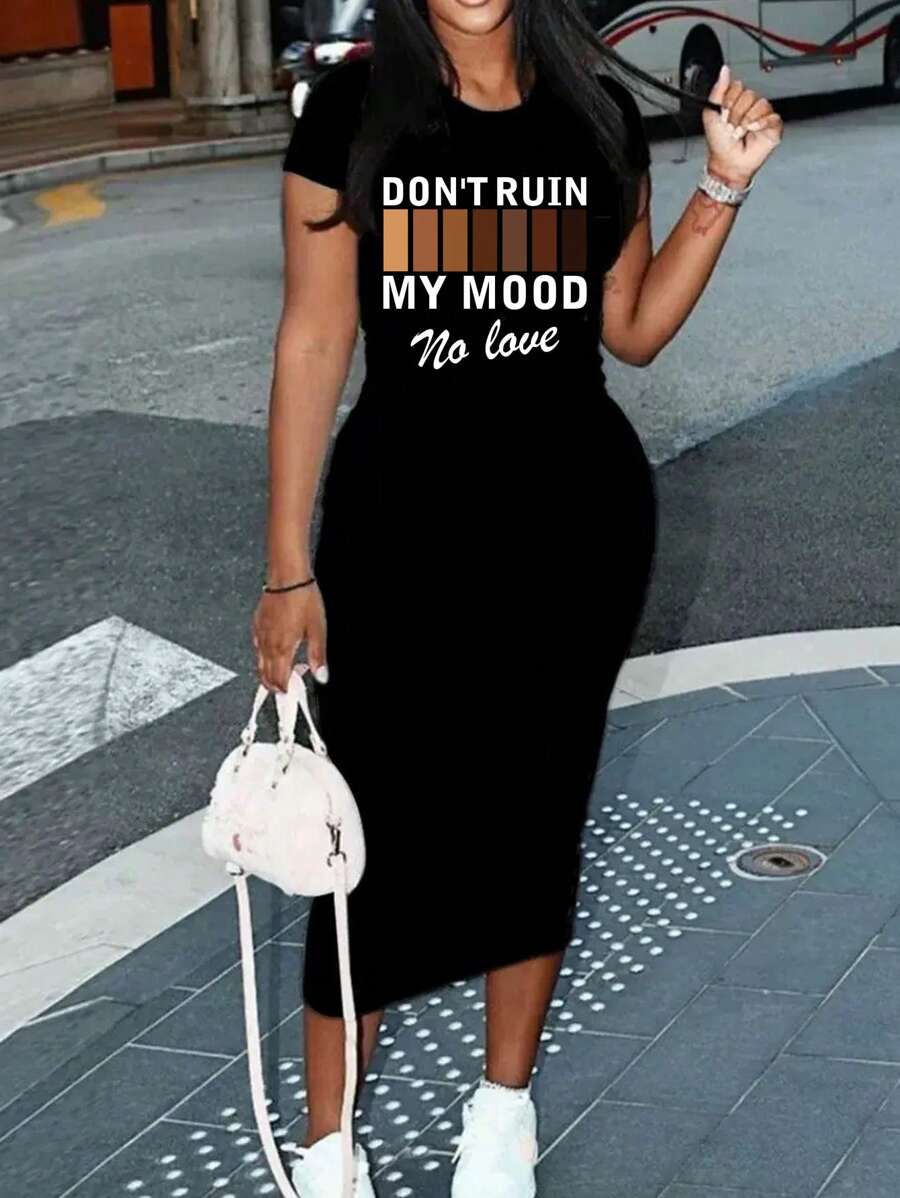 Slaydiva Casual Summer Black Don't Ruin My Mood Printed Round Neck Short Sleeve Bodycon Long Dress