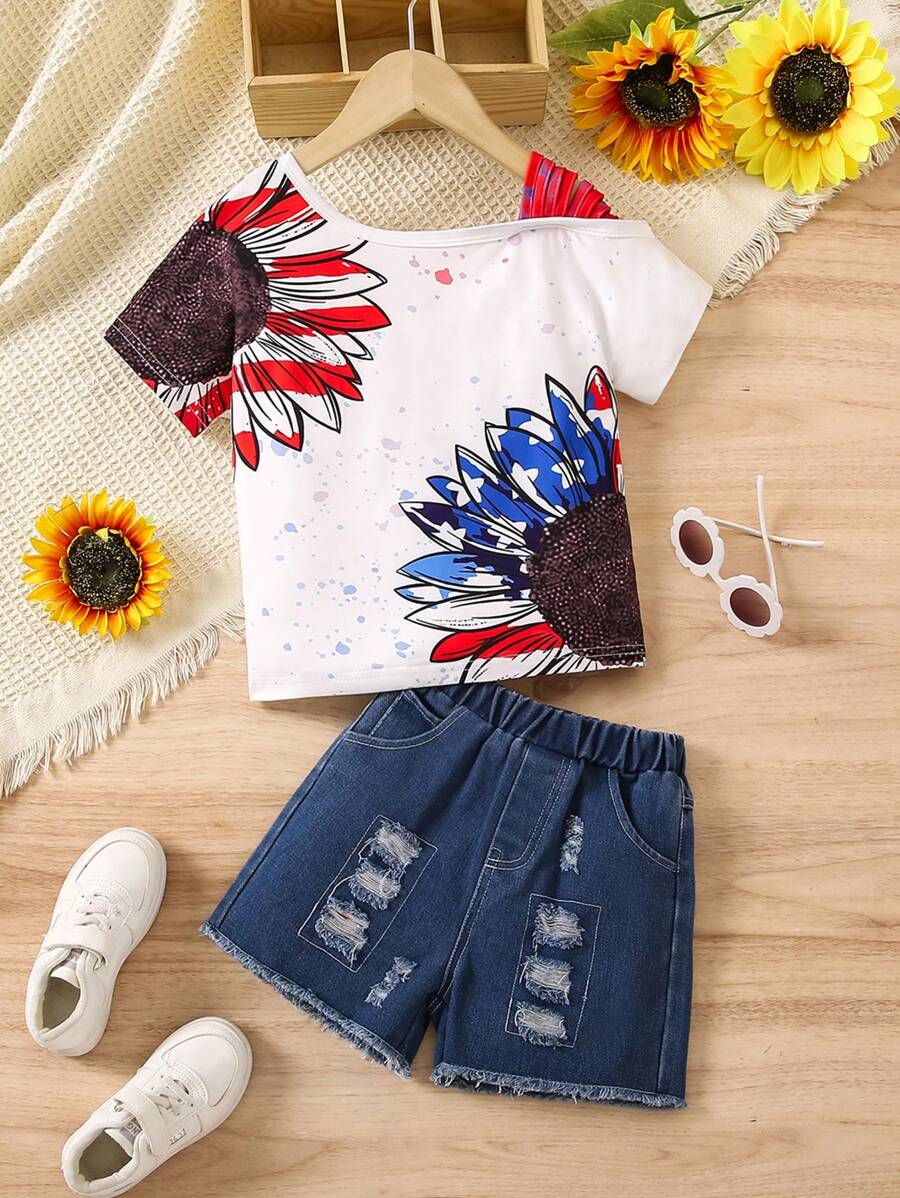 SHEIN Tricou cu mânecă scurtă cu guler asimetric și pantaloni scurți din denim rupti pentru fetiță, cu imprimeu de floarea soarelui, ocazional, din două piese