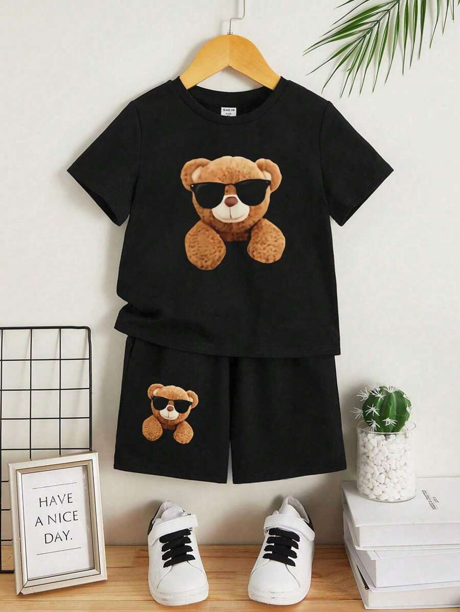 SHEIN Young Boy Cartoon Bear Printed Short Sleeve T-Shirt 2pcs/Set