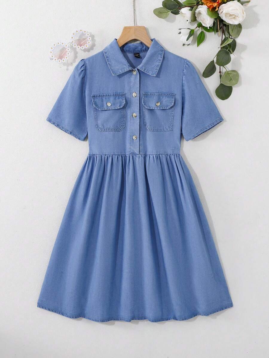 Vestido de mezclilla ligero y informal holgado para niñas preadolescentes de colores claros
