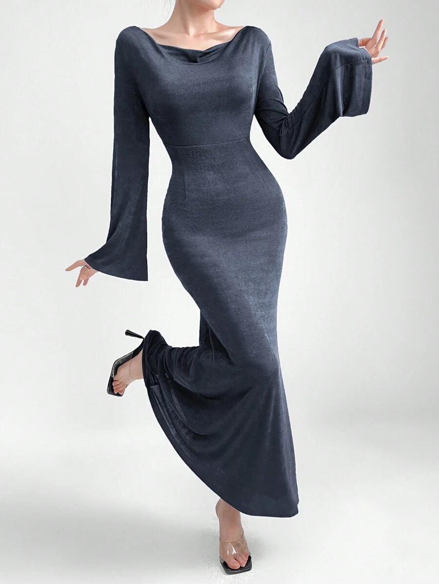 Mulvari Women Long Dress With Swing Neckline Design And Bell Sleeves
