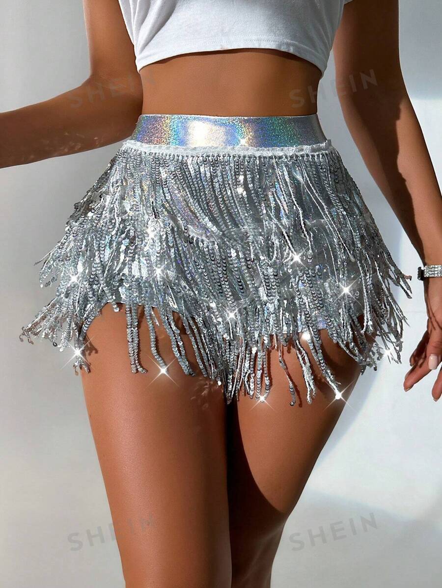 Allurite Pantaloni scurți sexy cu franjuri din paiete strălucitoare pentru femei pentru haine de petrecere de vacanță de Anul Nou