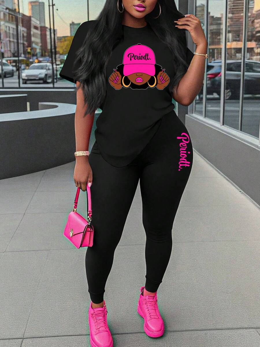 SHEIN VaVaLuxe Women Casual Round Neck Short Sleeve T-Shirt And Leggings Set With Character Print For Daily Wear In Spring And Summer