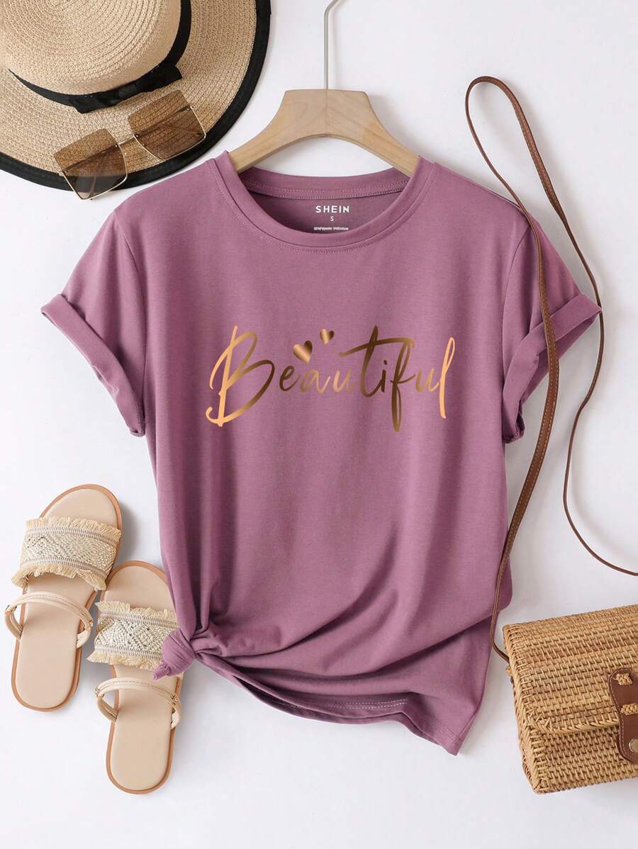INAWLY Camiseta casual de verano para mujer con manga corta, diseño estampado con letras doradas y corazón