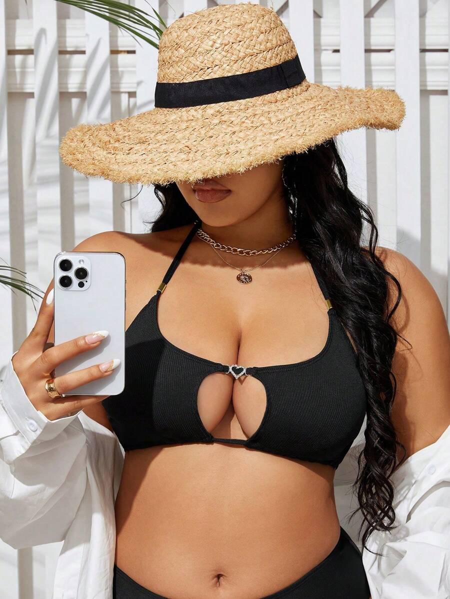 Swim SXY Summer Beach Plus Size Solid Color Hollow Halterneck Swimwear Top