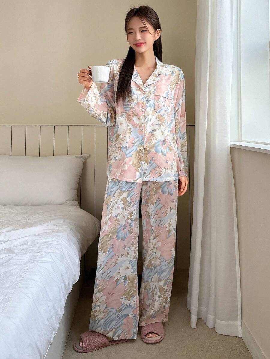 DAZY Conjunto de pijama floral estampado sencillo para mujer