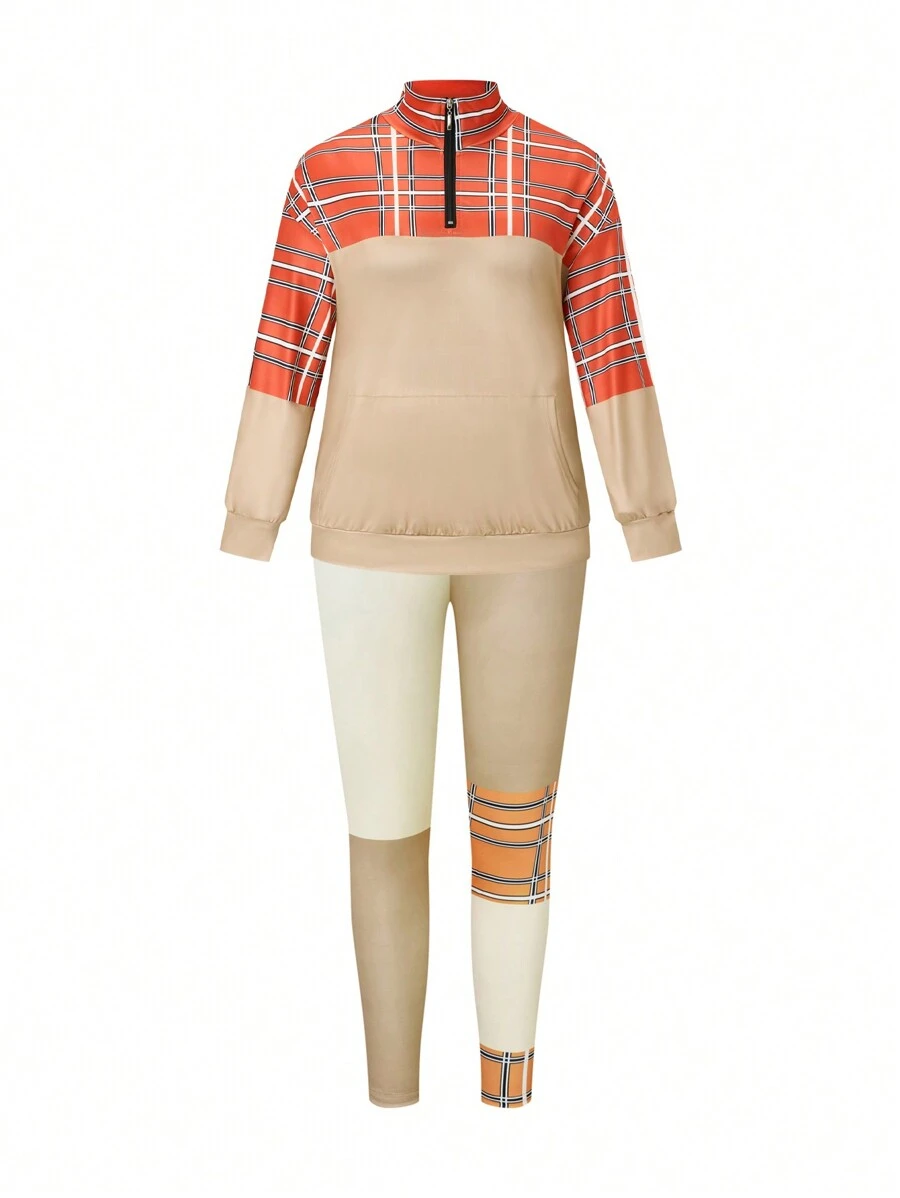 EMERY ROSE Plus Size Printed Spliced Casual Daily Long Sleeve Top And Pants Set