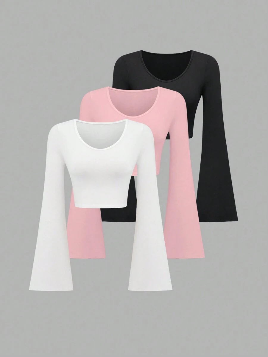 Sweetra Camiseta de mujer con manga acampanada corta de unicolor de moda
