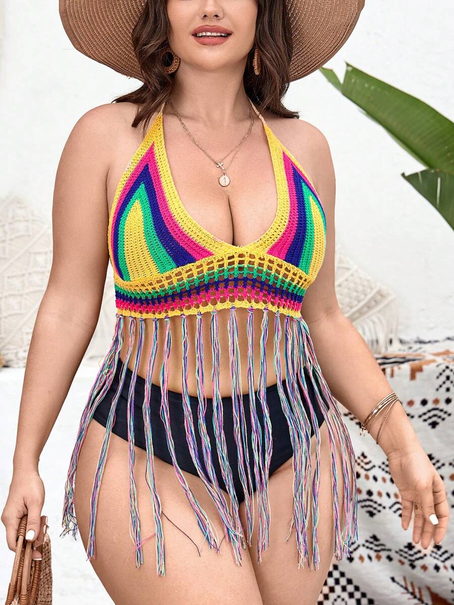 SHEIN Swim Curve Capa de punto con cuello de halter y lazo para mujer talla grande, para el verano
