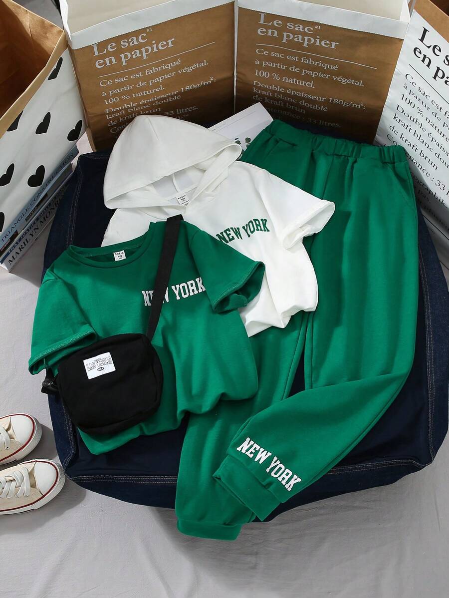 4pcs/Set Tween Boys' Loose Fit Casual Letter Print T-Shirt, Long Pants And Bag Outfits