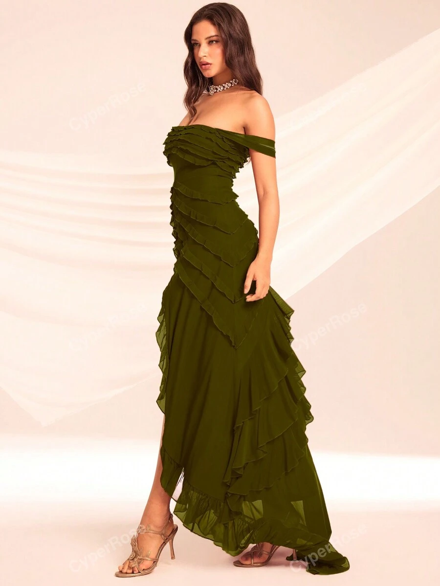 Mesh Ruffle Trim Off Shoulder Ruched Split Thigh Sheer Unlined Cloth Formal Dress,Graduation Dress